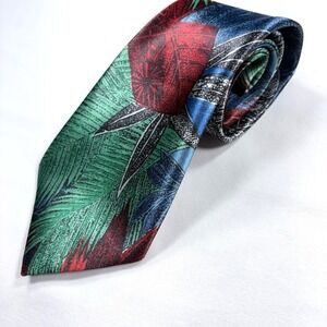 Vintage Mens Silk Necktie Tropical Floral Leaf Print Green Red Blue Korea
